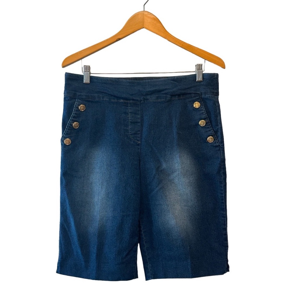 Counterparts Longer Length Denim Shorts with Gold Button Accents—Size 10
